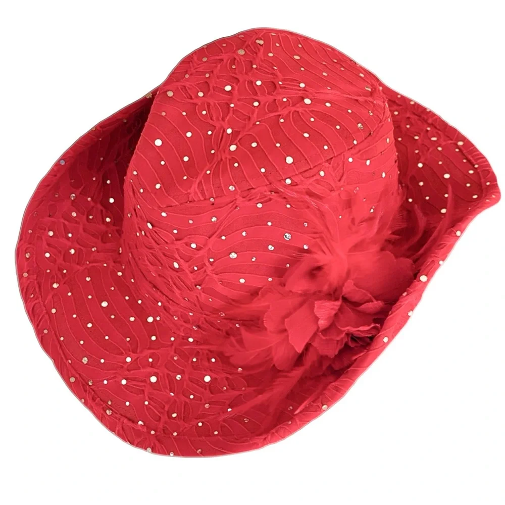 Something Special SS LA Elegant Red rhinestone western Hat with feather accent